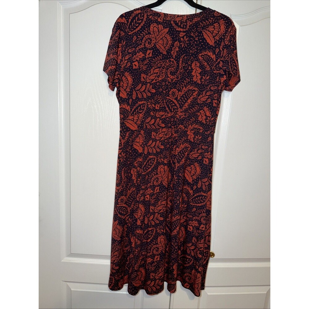 LL Bean Jersey Knit Faux Wrap Midi Dress Floral Leaf Red Med Short Sleeve Soft - Picture 7 of 15